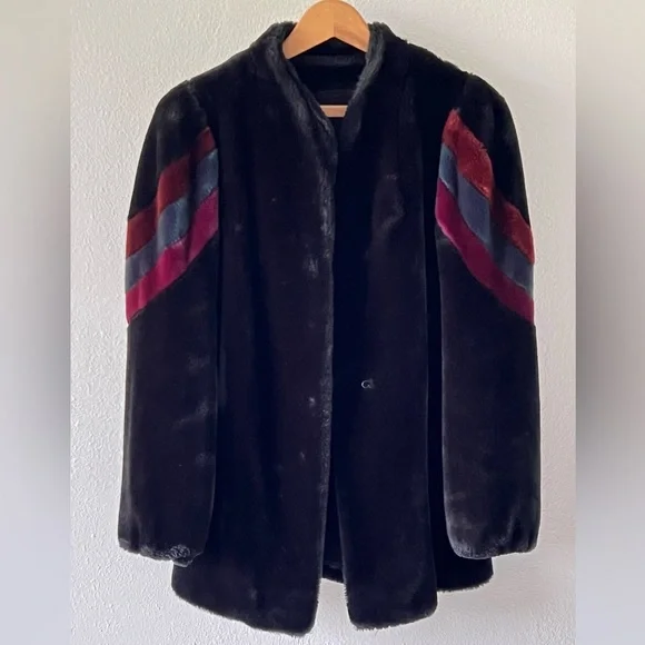 Vintage 80s Black Faux Fur Teddy Coat Colorblock Stripe Size Medium - Picture 10 of 12